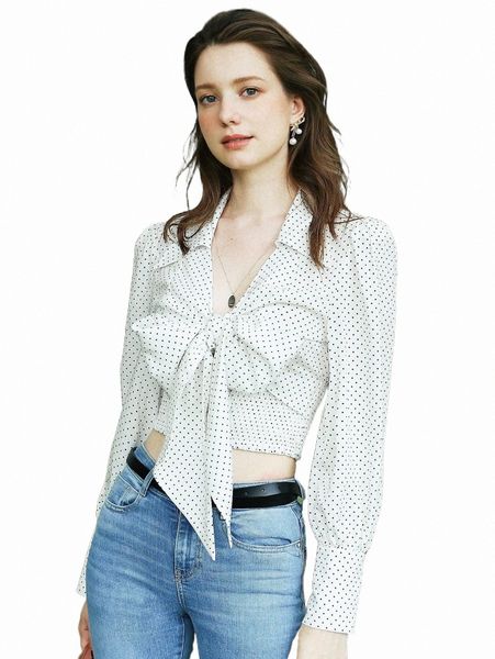 

women's blouses & shirts polka dot tie front crop y1as#, White