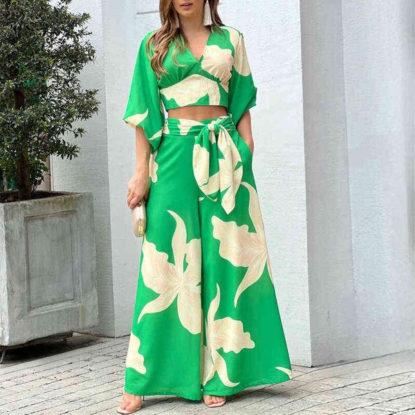 

women's two piece pants fashion navel streetwear suit casual office lady outfit v neck short sleeved high waisted wide leg pant printin, White
