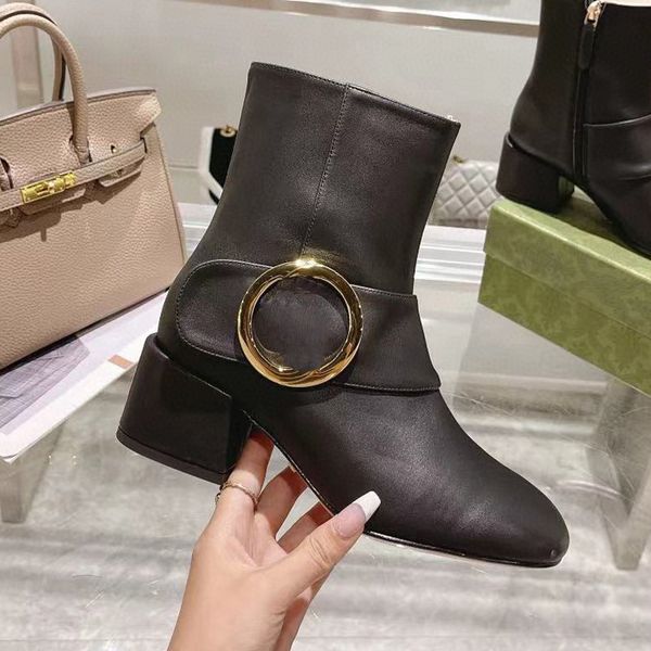 

british style ankle boots designer classic letters interwoven metal buckle decoration womens shoes cowskin zipper lace up martin boot 35-42, Black