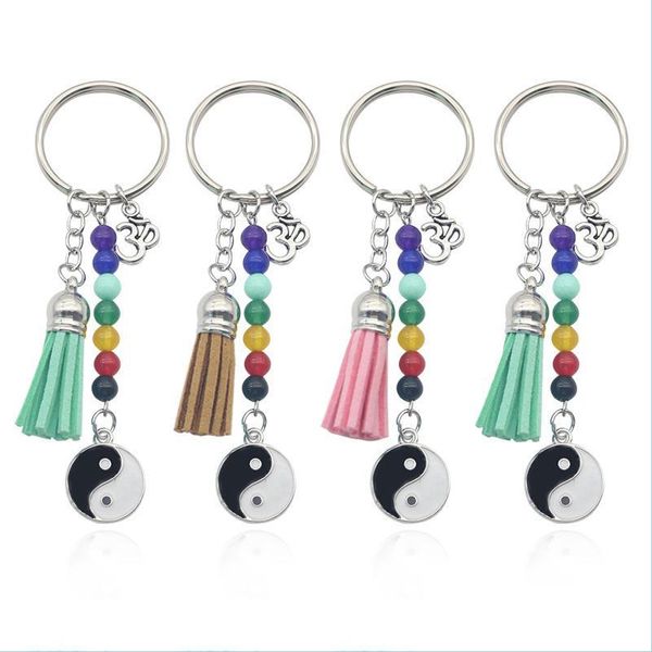 

key rings wholesale handmade colorf seven chakras yoga keychain personality tai ji pendant tassel keyfob metal fitness key r nanashop dhass, Slivery;golden