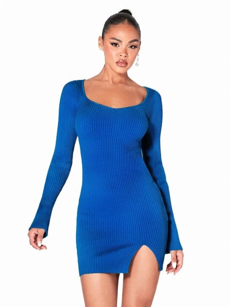 

women's sweaters bae ribbed knit split hem sweater dress m3du#, White;black