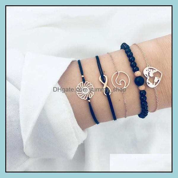 

beaded strands 5 pcs layered beaded bracelet set stackable wrap bangle adjustable beads natural stone link chain for women girls dro dhjo0, Black