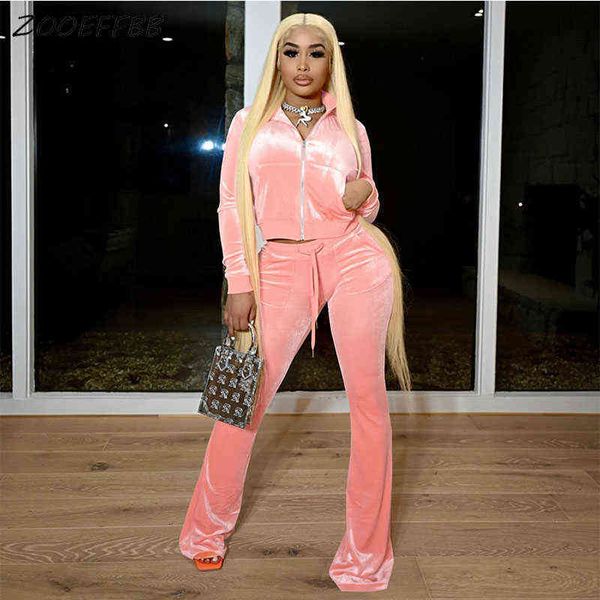 

women's two piece pants zooeffbb velvet tracksuit two piece set fall clothes for women zip long sleeve sweatshirts flare pants sweat su, White