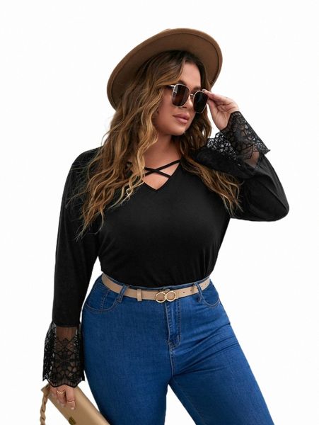

plus size t-shirt plus contrast lace keyhole neckline tee w1xf#, Black
