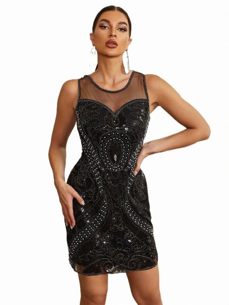 

casual dresses contrast mesh faux pearl sequin formal dress y1z0#, Black;gray
