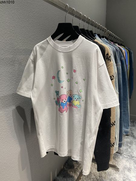 

spring and hoodies sleeve summer high version b family bear starry sky balencaigass print pullover round neck loose casual men's and wo, Black