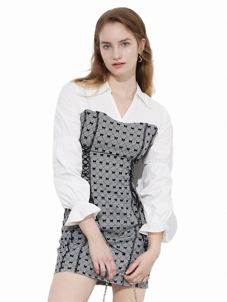 

casual dresses lace up detail bow and gingham shirt dress 21af#, Black;gray