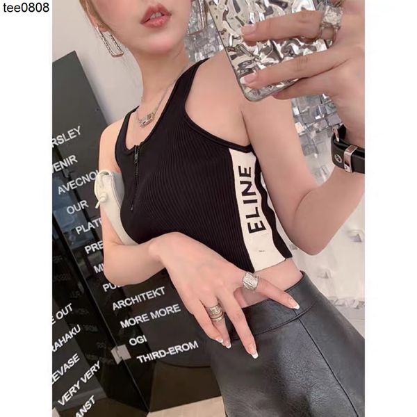 

celinss fashion vest 2022 summer new color contrast letter jacquard knitted suspender vest women's inner matching u-neck slim top, White