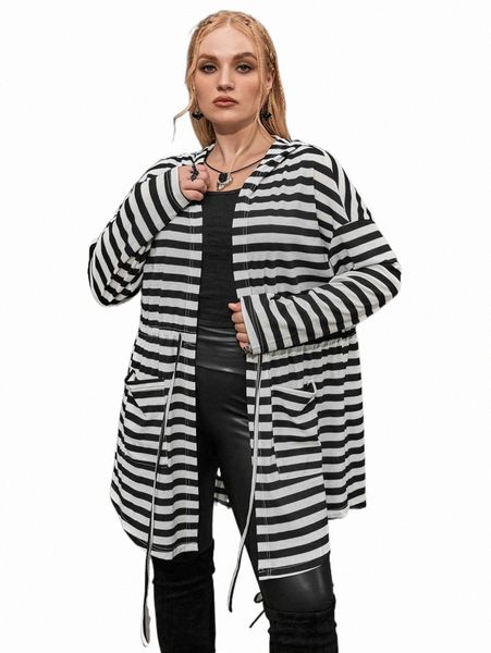 

plus size outerwear & coats plus striped drawstring waist coat b8hx#, Black