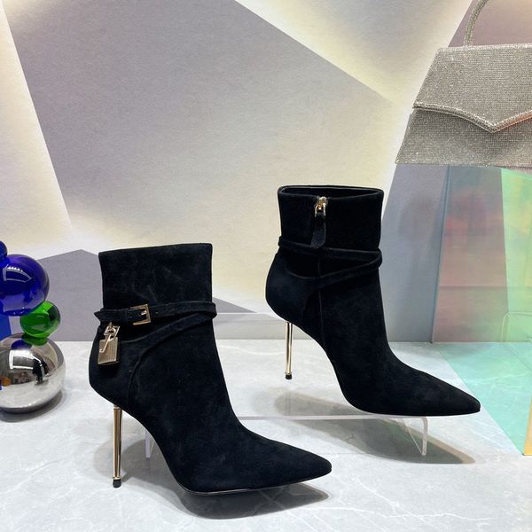 

gold padlock and key embellished suede ankle boots side zip shoes pointed toe stiletto heel booties runway luxury designers shoe heeled for, Black