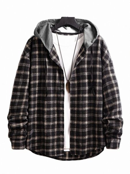 

men's down & parkas men 1pc plaid print hooded overcoat u0x1#, Black