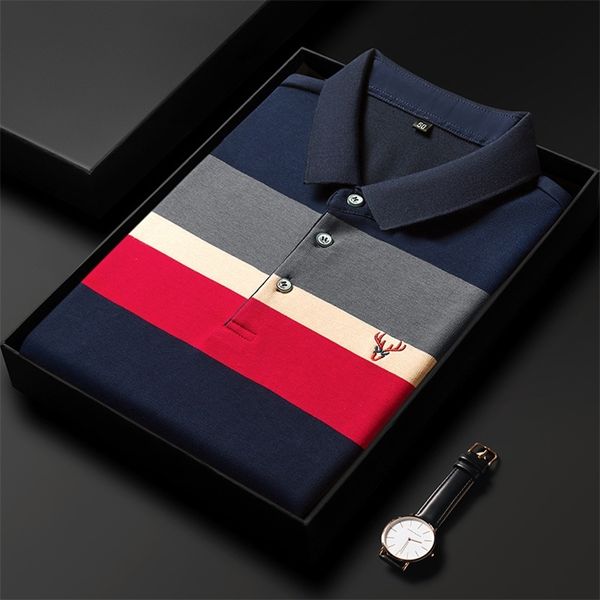 

men's polos fashion stripe embroidered polo shirt men's lapel korean casual paul spring long sleeve t 220905, White;black