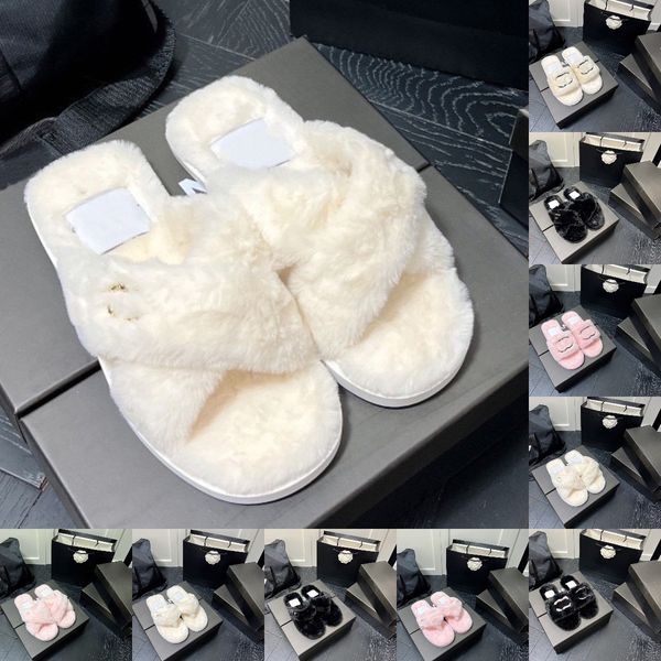 

2023 designer woman fur slippers paris embroidered warm slides fluffy furry cross strap sandal winter indoor l sandals slip on flats mules s, Black