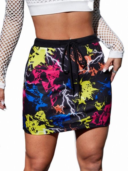 

skirts graffiti print drawstring waist bodycon skirt n95r#, Black