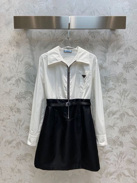 

designer autumn casual dresses 2022 lapel long sleeve with belt women zip up dresses, Black;gray