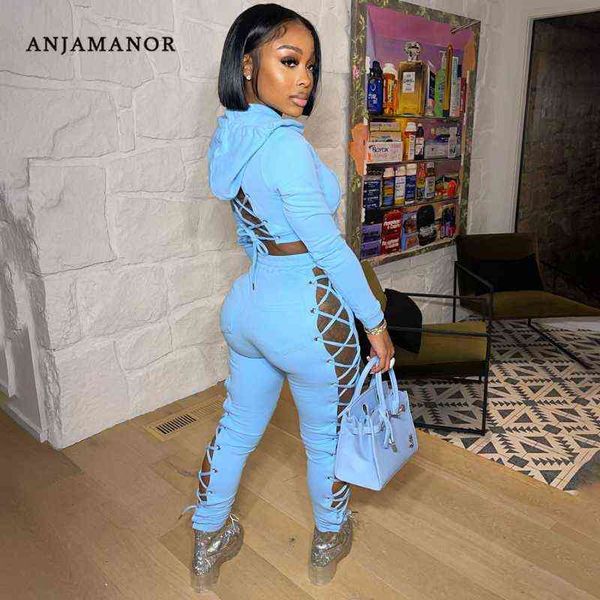 

women's two piece pants anjamanor two piece set tracksuit hollow out bandage sweatpants crop hoodie jogging suit wholesale clothes wome, White