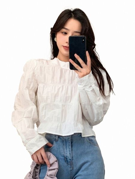 

women's blouses & shirts dazy solid puff sleeve ruched blouse v7lj#, White