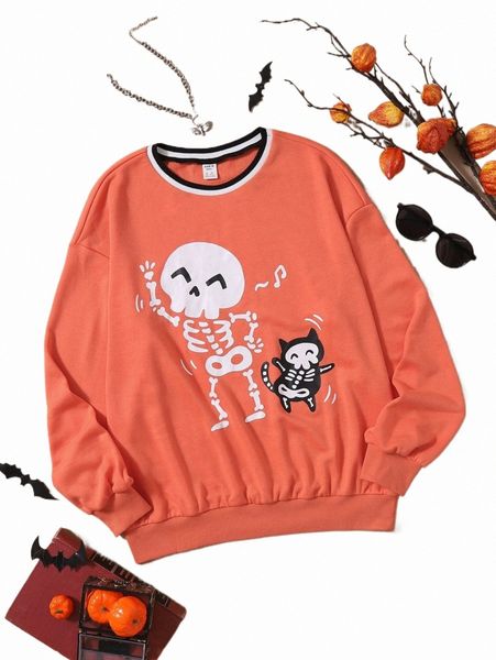 

others apparel teen girls contrast trim skull print sweatshirt b8ia#, Black;white
