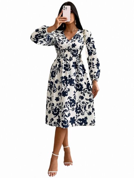 

casual dresses floral print lantern sleeve shirred waist dress r6fg#, Black;gray