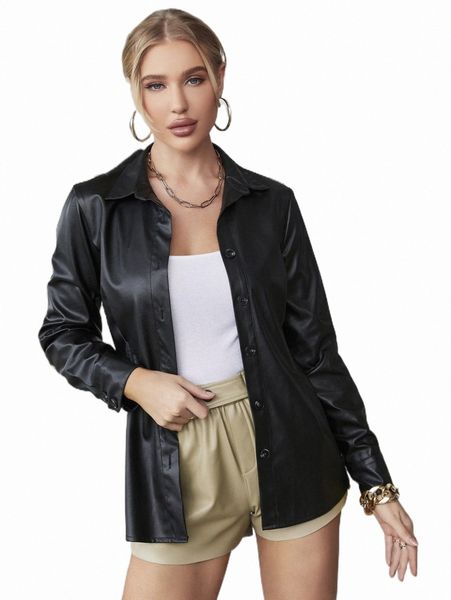 

women's blouses & shirts apperloth a solid button up pu leather shirt a4xk#, White