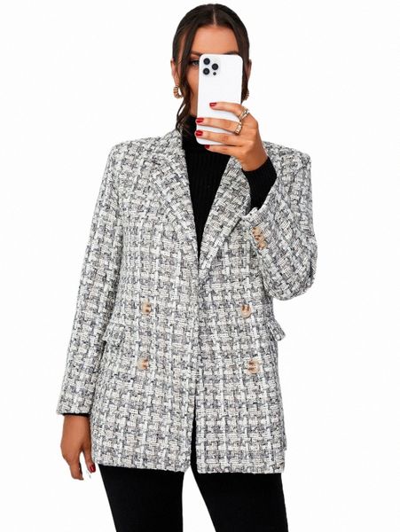 

women's down & parkas plaid double breasted overcoat v98s#, Black