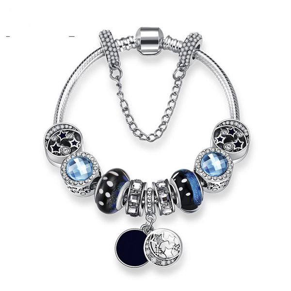 

new charm bracelets blue sky beads strand bracelet 925 silver snake chain retro national wind star glaze beads moon diy jewelry ac281t, Golden;silver