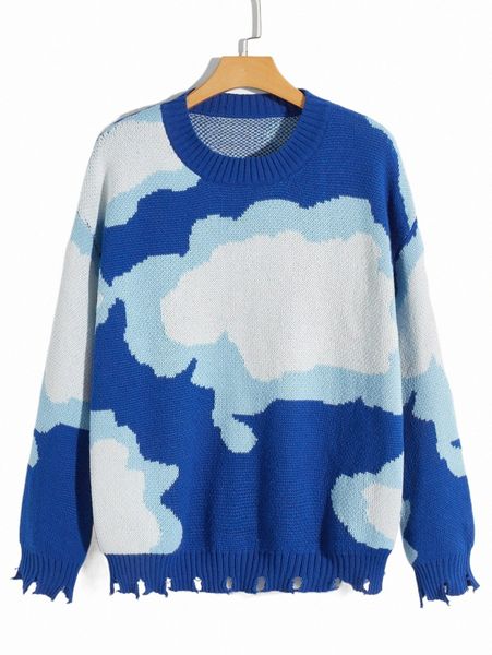 

men's sweaters romwe guys cloud pattern distressed sweater 15ot#, White;black