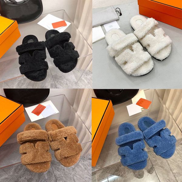 

designers chypre slippers winter wool slides men women slipper fur furry sandals, Black