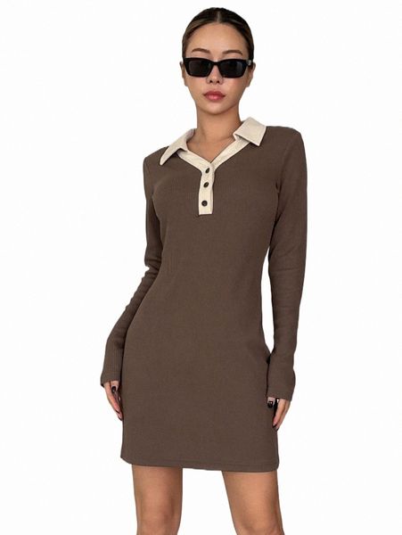 

casual dresses dazy contrast polo neck rib-knit dress r4un#, Black;gray