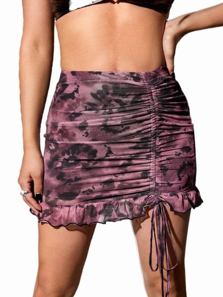 

skirts tie dye drawstring ruffle hem mesh bodycon skirt 20b6#, Black