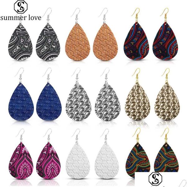 

stud printing pu leather teardrop dangle earring for women bohemian sliver plating hook drop fashion statement jewelry gift lulubaby dhcsy, Golden;silver