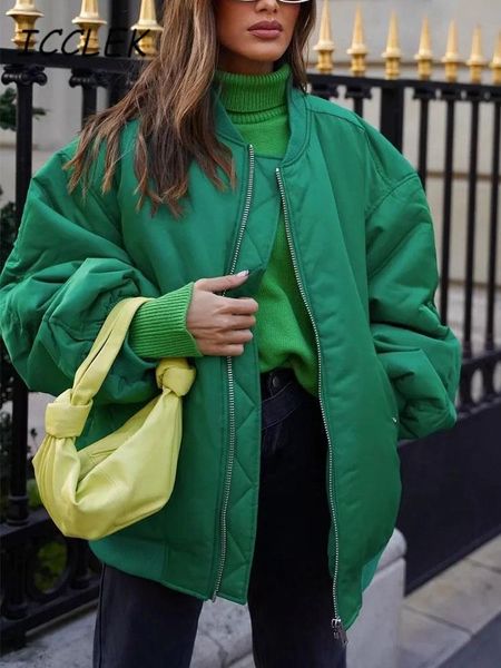 

women s jackets traf coats female green oversized bomber winter bf padded parka chic zipper streetwears 220905, Black;brown