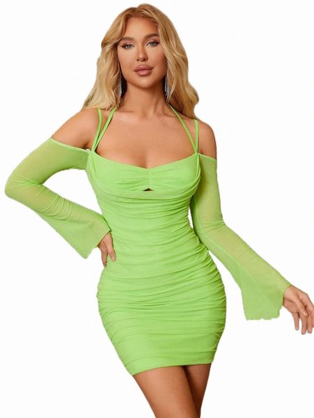 

casual dresses parthea cold shoulder ruched bodycon mesh dress a6g5#, Black;gray