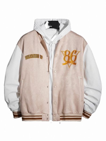 

men's jackets men letter embroidered striped trim drop shoulder suedette bomber jacket p8lt#, Black;brown