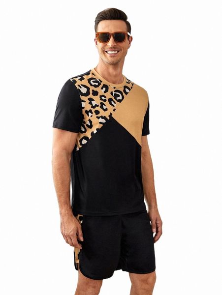 

men's tracksuits men leopard print colorblock tee & shorts l4ct#, Gray