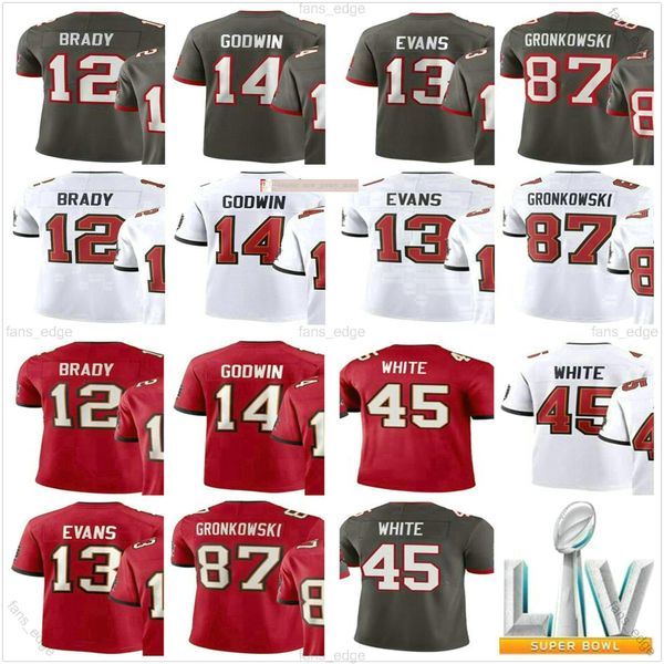 

college wear 2020 new superbowls liv 12 tom brady 87 rob gronkowski 14 chris godwin 45 devin white 13 mike evans red white grey stitched foo, Black