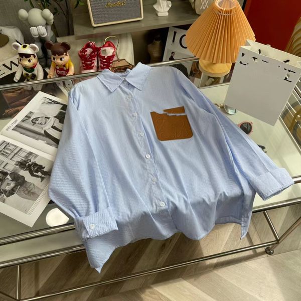 

designer version shirt pure hands loe 2022 autumn and winter new leather label logo shirt, Gray;blue