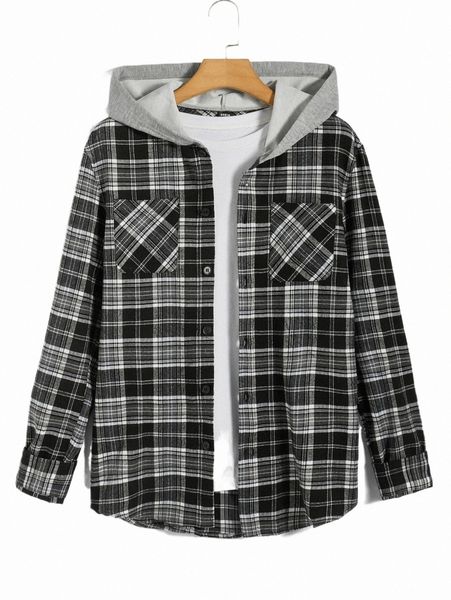 

men's jackets men plaid print hooded coat without tee m55d#, Black;brown