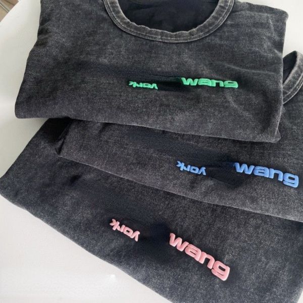 

aw t shirt mens designer classic washed distressed round neck short sleeve pullover letter wang pure cotton large size loose casual shirt, White;black