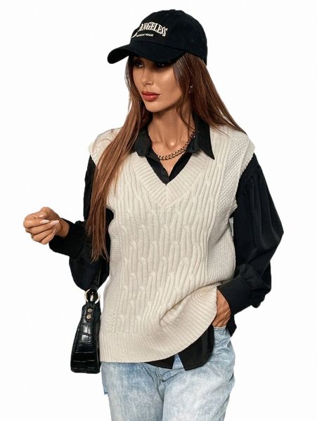 

women's sweaters cable knit sweater vest without blouse k5kp#, White;black