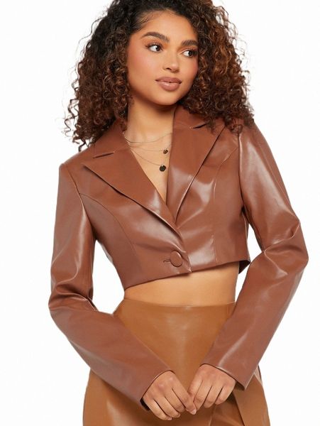 

women's two piece pants single button crop pu leather blazer 89s5#, White