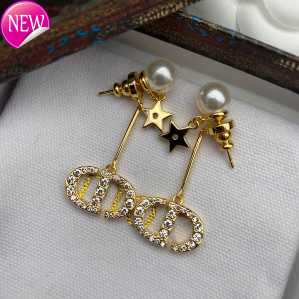 

luxury brand design earrings d family / di new cd full diamond long pearl star earrings women's net red light, Golden;silver