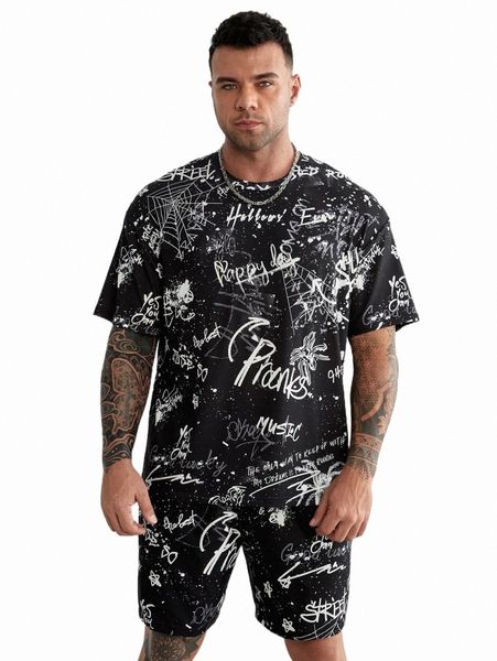 

men's tracksuits extended sizes men letter & graphic print tee & shorts n7iz#, Gray