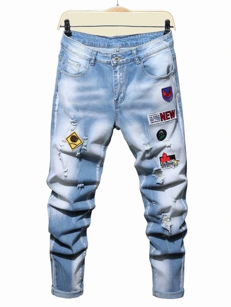 

men's jeans men letter patched ripped skinny jeans p385#, Blue