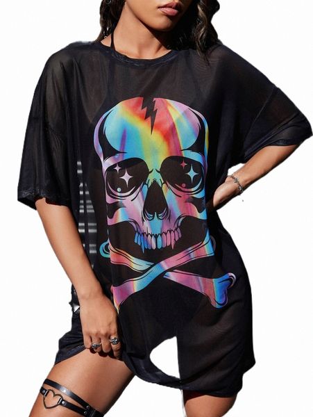 

casual dresses skull print drop shoulder mesh dress without lingerie b3qz#, Black;gray