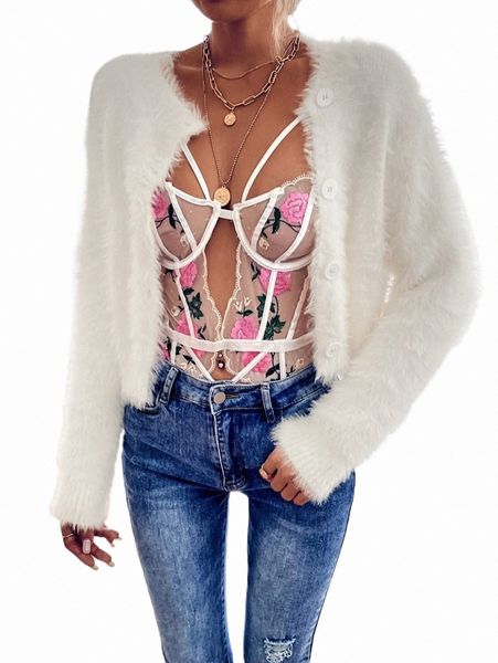

women's sweaters drop shoulder fluffy knit cardigan l6i1#, White;black