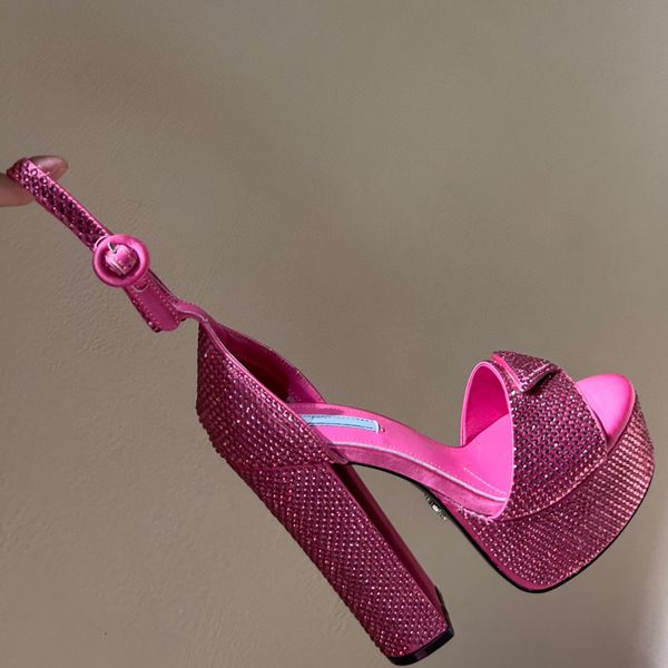 

latest rhinestone platform sandals 145mm thick heel sliding open toe luxury designer sandals women's shoes strap dinner dress pumps, Black