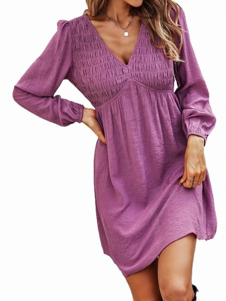 

casual dresses v neck shirred bust bishop sleeve dress 53oh#, Black;gray