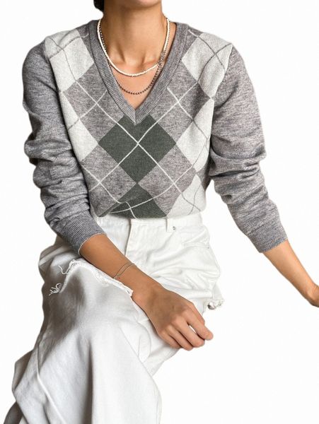 

women's sweaters dazy argyle pattern v neck sweater 87e3#, White;black