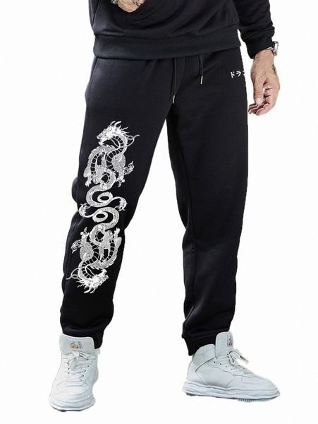 

men's pants men dragon & letter graphic drawstring waist sweatpants a2be#, Black